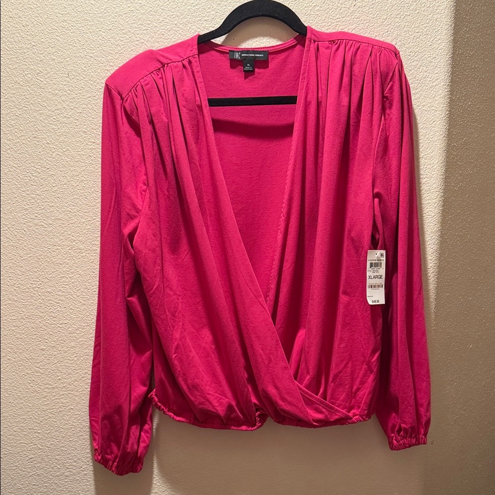 INC  Hot Pink Surplice Long-Sleeve Blouse